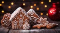 Sweet baked ginger cookies in the shape of a gingerbread house with white glazed pattern