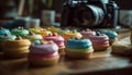 Sweet baked goods on a wood table, captured by camera generated by AI