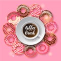 Sweet Bakery background Frame with glazed donuts and cup of coffee on pink. Hand made lettering