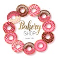 Sweet Bakery background Frame with glazed pink and chocolate donuts and Hand made lettering isolated on white. Donuts in a circle