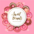 Sweet Bakery background Frame with glazed pink and chocolate donuts on pink. Hand made lettering