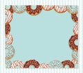 Sweet bakery design template. Cartoon donut frame on pastel blue.