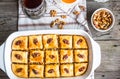 Sweet baklava with honey and nuts, rustic, traditional Turkish d