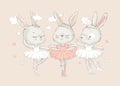 3 Sweet ballerina bunnys illustration vector for print design and other uses. White dancing rabbits illuatration. Can be
