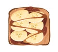 Sweet banana and peanut butter toast. Open fruit sandwich with chocolate paste and caramel topping on grilled square