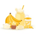 Sweet banana smoothie and milkshake illustration isolated on white background. Jar with banana smoothie, bananas cream Royalty Free Stock Photo