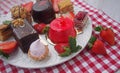 Sweet bar on summer morning. Layer cakes with protein cream and fresh cherry and berries on a cake Royalty Free Stock Photo