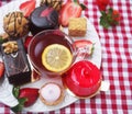 Sweet bar on summer morning. Layer cakes with protein cream and fresh cherry and berries on a cake Royalty Free Stock Photo