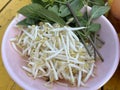 Sweet Basil and Bean Sprouts on wood background table, selective focus Royalty Free Stock Photo