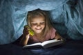 Sweet beautiful and pretty little blond girl 6 to 8 years old under bed covers reading book in the dark at night with torch light