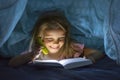 Sweet beautiful and pretty little blond girl 6 to 8 years old under bed covers reading book in the dark at night with torch light Royalty Free Stock Photo