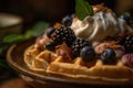 Sweet Belgian Waffle topped with Whipped Cream, Icecream, Berries and Caramel Sauce, AI Generative Royalty Free Stock Photo