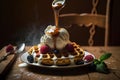 Sweet Belgian Waffle topped with Whipped Cream, Icecream, Berries and Caramel Sauce, AI Generative Royalty Free Stock Photo