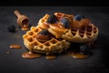 Sweet Belgian Waffle topped with Whipped Cream, Icecream, Berries and Caramel Sauce, AI Generative Royalty Free Stock Photo