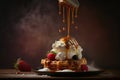 Sweet Belgian Waffle topped with Whipped Cream, Icecream, Berries and Caramel Sauce, AI Generative Royalty Free Stock Photo