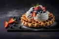 Sweet Belgian Waffle topped with Whipped Cream, Icecream, Berries and Caramel Sauce, AI Generative Royalty Free Stock Photo