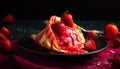 Sweet berries baked in homemade pancake stack generated by AI