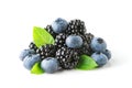 Sweet berries mix with green leaves isolated on white background. Ripe blueberry and blackberry Royalty Free Stock Photo