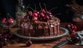 Sweet berry chocolate cake indulgence on rustic wooden table decoration generated by AI