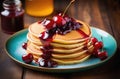 pancakes with cherries, a stack of pancakes with jam, delicious and healthy breakfast, homemade pastries, Royalty Free Stock Photo