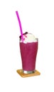Sweet berry smoothie from black mulberry cream on top in a glass tall with pink drinking straws. Royalty Free Stock Photo