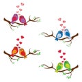 SWEET BIRDS WITH RED HEARTS ON TREE VECTOR SET