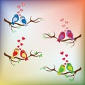 SWEET BIRDS WITH RED HEARTS ON TREE VECTOR SET WITH RAINBOW BACK Royalty Free Stock Photo