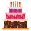 Sweet birthday cake with five burning candles