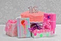 Sweet 16 birthday cake and gifts Royalty Free Stock Photo