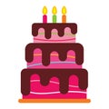 Sweet birthday cake with three burning candles