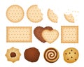 Sweet biscuits. Bitten chip biscuit cookie, crackers. Isolated chocolate vanilla cookies and bakery vector set Royalty Free Stock Photo