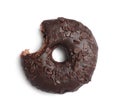Sweet bitten glazed donut decorated with chocolate isolated on white, top view