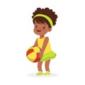 Sweet black little girl in an yellow dress playing with a ball, colorful character vector Illustration