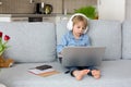 Sweet blond child, boy in casual clothes, woring on computed at home