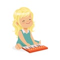 Sweet blonde little girl playing piano, young musician with toy musical instrument, musical education for kids cartoon