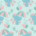 Sweet blue elephant with umbrella and srawbberies in a seamless pattern design Royalty Free Stock Photo