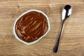 Sweet boiled condensed milk in bowl, spoon on table. Top view Royalty Free Stock Photo