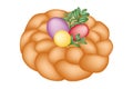 Sweet braided homemade bread with three easter eggs and twig with leaves decorated isolated