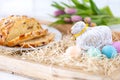 Sweet Bread and Cake for Easter Brunch with Tulips and Eggs Royalty Free Stock Photo
