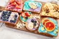 Sweet breakfast. Colorful toasts with fruits and berries. Children\'s food concept