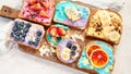 Sweet breakfast. Colorful toasts with fruits and berries. Children\'s food concept