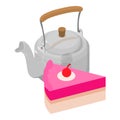 Sweet breakfast icon isometric vector. Metal retro teapot and fruit cake piece Royalty Free Stock Photo