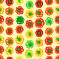 Sweet Bulgarian pepper. Seamless vector pattern. Red bell peppers, yellow and green. Royalty Free Stock Photo