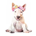 Four-Legged Fashionista: A Watercolor Bull Terrier Puppy with Headband and Chic Glasses AI Generated