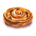 Sweet bun with raisins, freshly baked french homemade roll, puff pastry buns, isolated, hand drawn watercolor