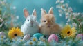 Sweet bunnies on blue with Easter eggs: Festive display. Royalty Free Stock Photo