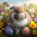 Easter bunny with eggs in flowery meadow