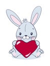 Sweet bunny sitting and holding a big red heart. Cute animal for Valentine s Day. Vector illustration for baby shower