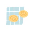 Sweet buns on a blue napkin hand drawing vector illustration