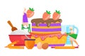 Sweet cake cooking, vector illustration. Tiny woman people character make dessert. Bakery pastry with strawberries